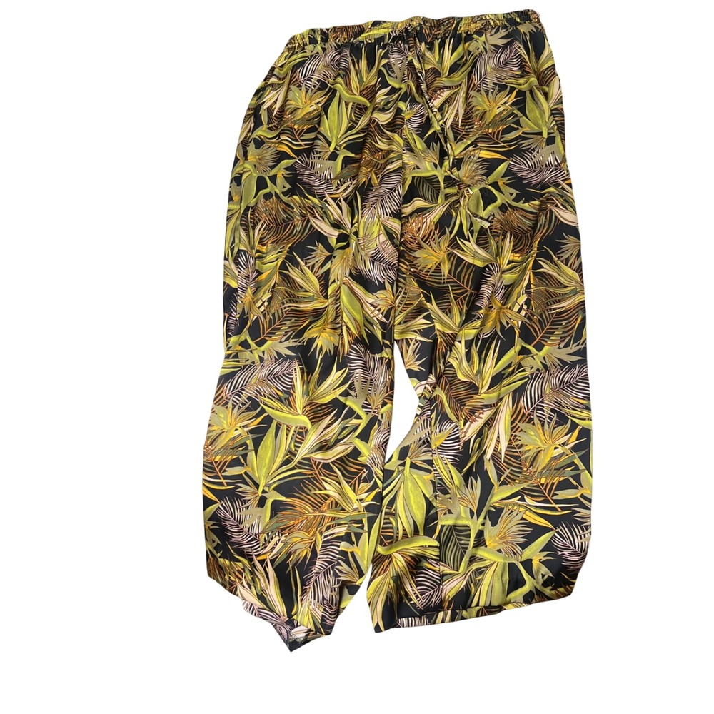 Rafaella Womens 1X Tropical Palm Leaf Print Drawstring Wide Leg Pants‎ Green